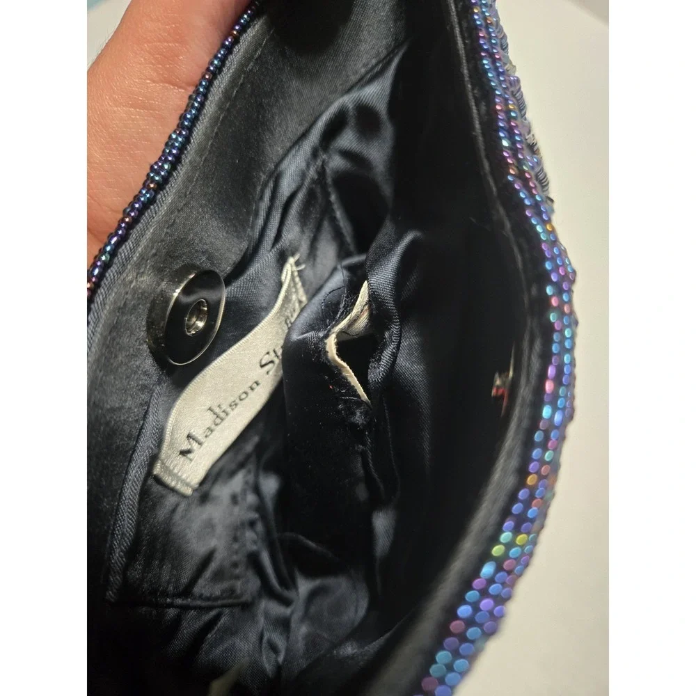 HANDCRAFTED BLUE PLEATED‎ BAG w/ BEAD DECORATION AND BEAD HANDLE EVENING HANDBAG